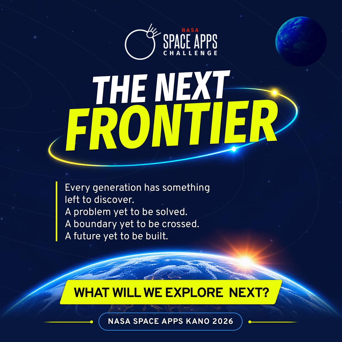 spaceapps_kano's tweet photo. 🚀 THE NEXT FRONTIER IS HERE.

Real NASA data. 48 hours. One city ready to build the future.

NASA Space Apps Challenge lands in Kano — 2026.

What will WE explore next? 🌍

📍 Kano 2026 | Register: Link in bio

#SpaceAppsKano2026 #NASASpaceApps #TheNextFrontier #KanoTechRising https://t.co/T7GwYtmeIQ