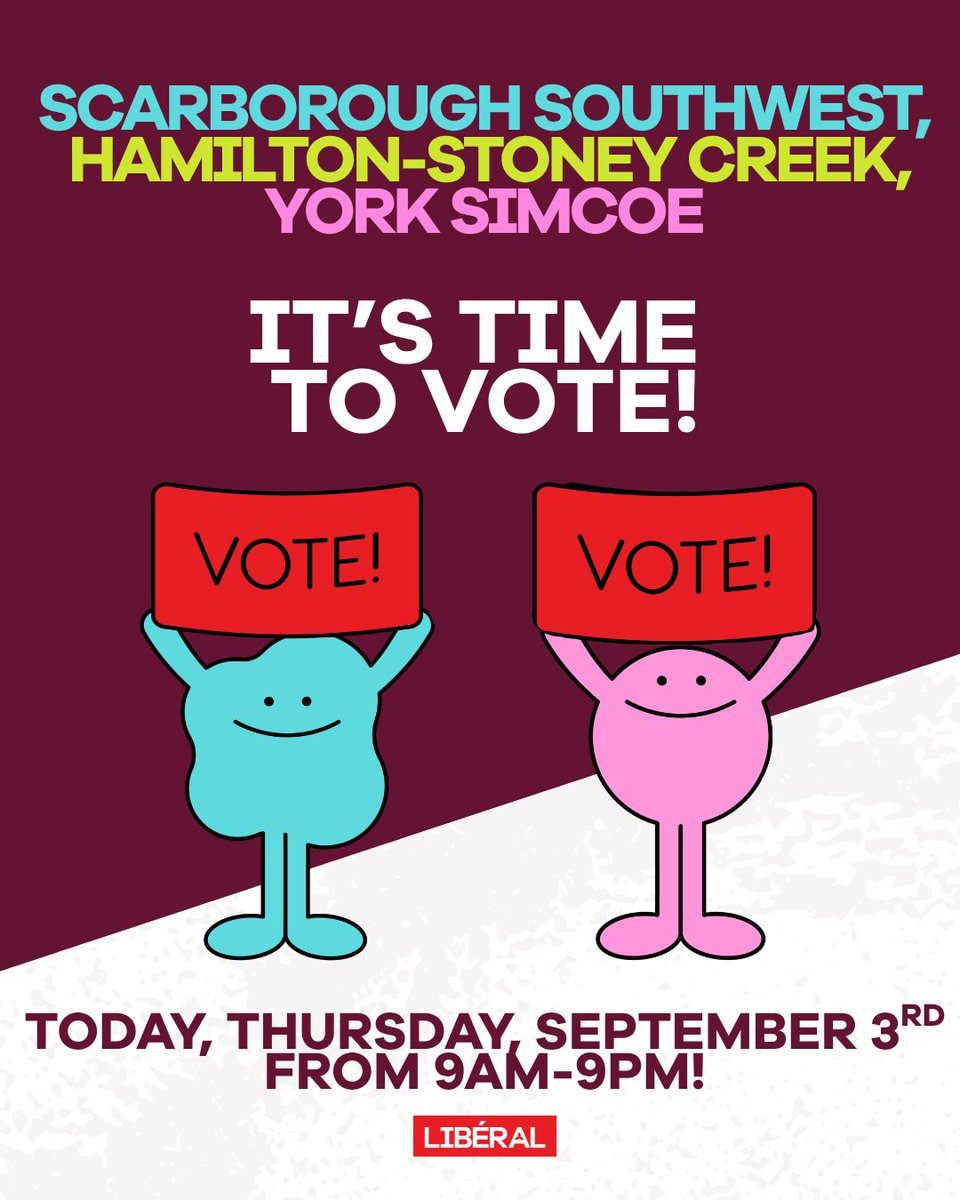 OntLiberal's tweet photo. Today is Election Day in Scarborough Southwest, Hamilton East—Stoney Creek, and York—Simcoe.

Polls are open from 9 a.m. to 9 p.m. Make a plan, bring someone with you, and vote Liberal. https://t.co/JyapQ74xzD