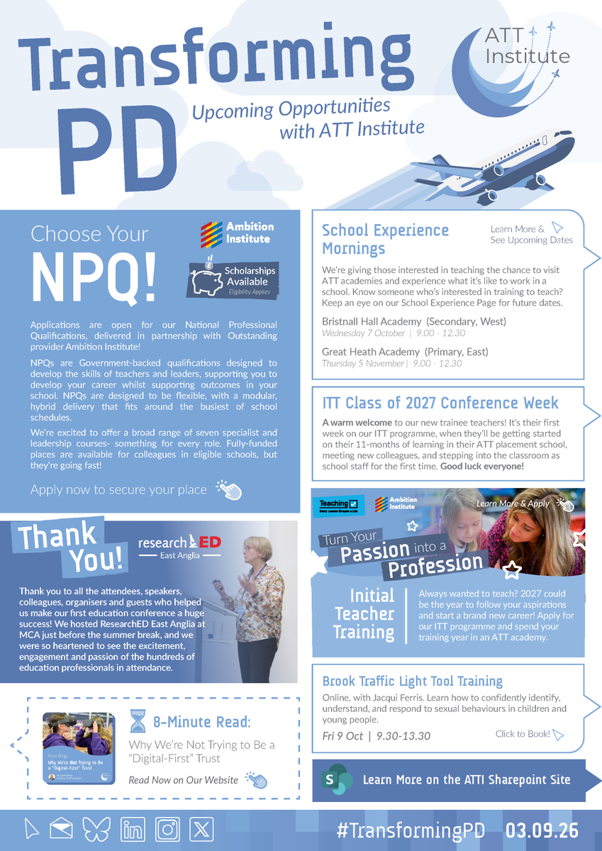 ATTInstitute's tweet photo. Our first #TransformingPD of this year is out now!✈️ 

We're really excited to launch another year of our highly successful #ITT and #NPQ programmes in collaboration with Ambition Institute- applications for both are open now! 

👉 Learn more: https://t.co/baQSPQE0rI

#TeacherPD https://t.co/TRWNtrSyVM
