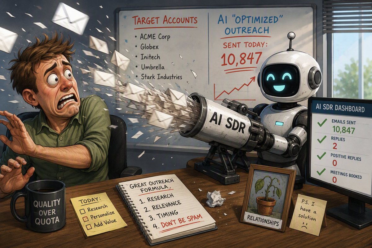 SohamIko's tweet photo. The attribution dashboard says the webinar influenced $2M in pipeline. Sales asks which attendees to call. Marketing opens column AZ and says, “The ones with intent.” Everyone nods because “we have no idea” isn’t an accepted lead stage. https://t.co/BdByLxYhRj