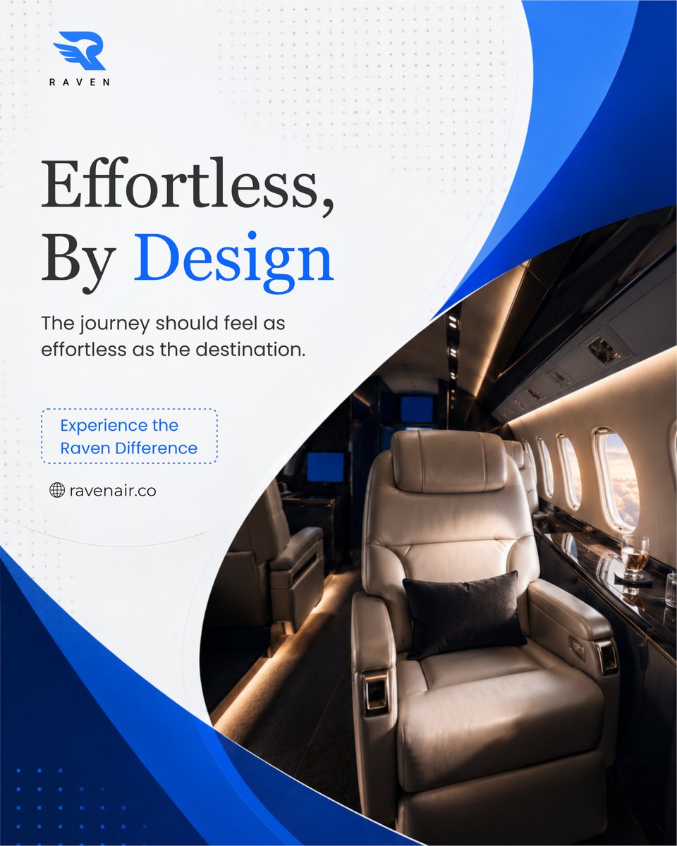Ravenmobilityco's tweet photo. Your journey should be as refreshing as arriving at your destination. 🍷✨🛫 

Raven blends thoughtful design with unmatched convenience, offering whisper-quiet cabins, zero long lines, and tailored service that puts your well-being first. Elevate how you move from city to city. 🛋️💼 

What’s one luxury amenity you can't live without while in the air?👇 Share your thoughts below! 

Redefine how you experience air travel. 
🚀 Reserve your next effortless flight today at https://t.co/wHqFYRoOIt 

(effortless travel, premium cabin comfort, semi-private flying, luxury journey, executive flight) 
 
#ravenair #semiprivateflying #luxuryaviation #executivetravel #jettravel
