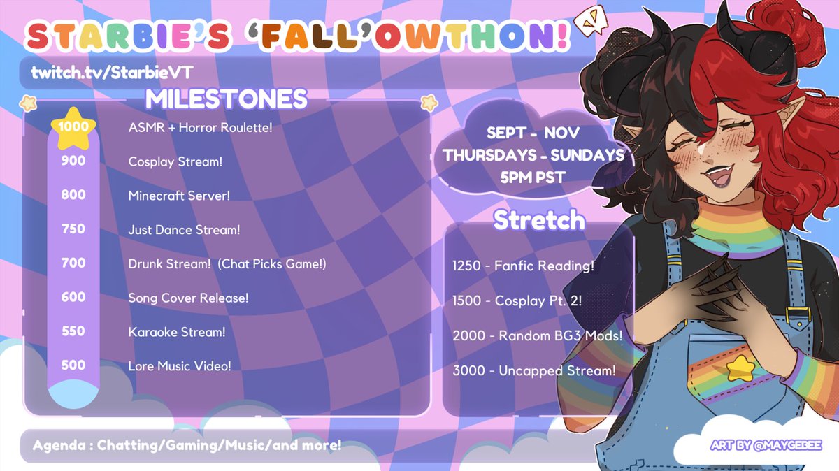 starbievt's tweet photo. 'FALL'OWTHON STARTS AT 5PM PACIFIC TONIGHT!!🍂🗣️

here are the rewards for meeting each milestone!  hope to see ya there!~ 🌈⭐

[ 🔗 below ]

|| #envtuber #followthon #shiningstarbie || https://t.co/MwauyJ48rW