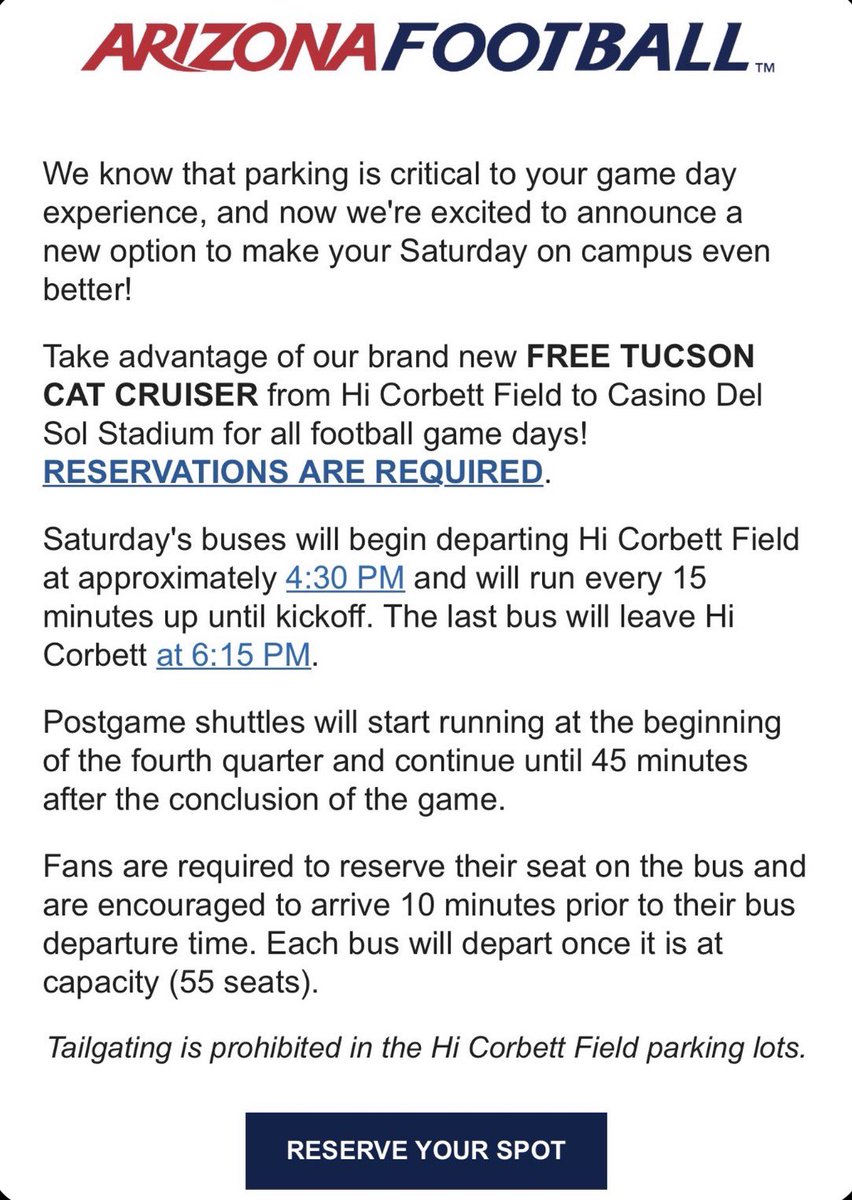 JustinESports's tweet photo. If anyone is looking for an efficient way to get to the Arizona-NAU game this weekend, the UA has a Tucson Cat Cruiser that’s taking fans from Hi Corbett Field to Casino Del Sol Stadium.

More info: https://t.co/h7rtQzKj31 https://t.co/KGh5xtXWjL