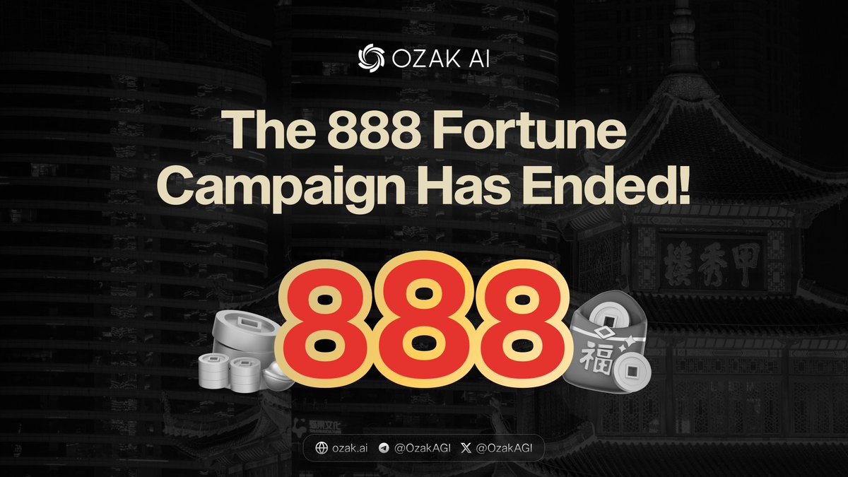 OzakAGI's tweet photo. The 888 Fortune Campaign has ended 🎉

That is a wrap. The 888 Fortune Campaign is officially closed.

We opened it to mark Ozak AI arriving in China and Eon crossing 100,000 registered wallets, and the response was genuinely bigger than we expected. Triple eights, triple fortune, and a lot of you showed up for it 🙏

To everyone who took part: thank you. You did not just add to your position, you carried this project through one of its busiest stretches yet. Eon went from private beta to public launch in the middle of it, and the community kept the momentum going the entire way.

For everything else we have been building, from the Eon launch to the partnerships and product updates, the full record is on the blog: https://t.co/IgZIecdPyF

Keep an eye on this channel. We are not done 👀