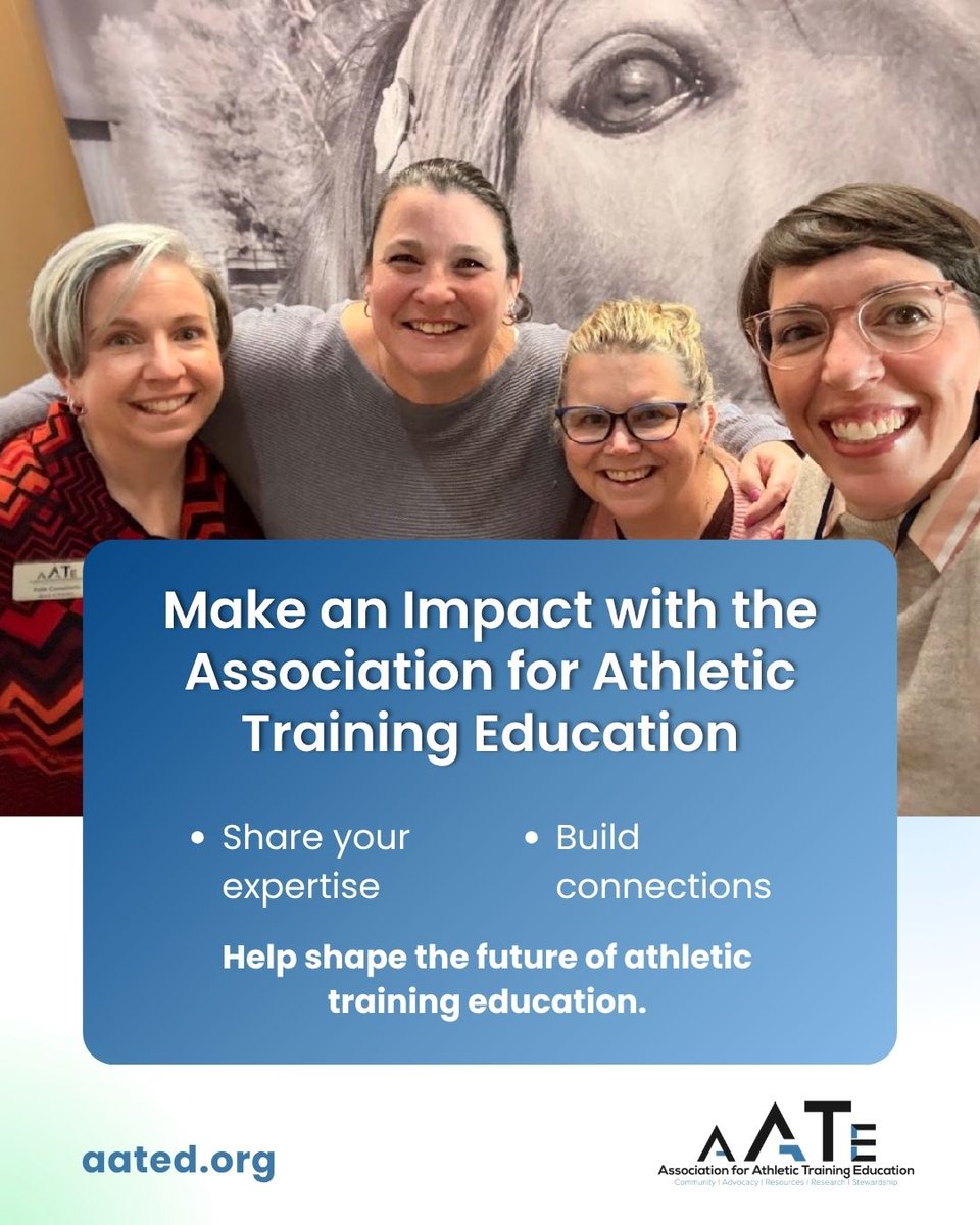 AssocATEdu's tweet photo. AATE should really… 👀
Finish the sentence, then help shape what comes next.
Bring your ideas to the table, build connections and have a voice in AATE’s priorities.
Explore opportunities: https://t.co/ZABRavd60J
#AATE #AthleticTraining #ATeducation https://t.co/oecpQdeJx8