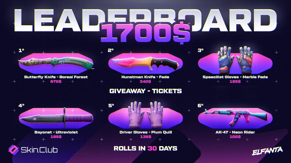 elfanta_'s tweet photo. 1700$ SkinClub Leaderboard 🦄

🏆Prizes:

Leaderboard:
1 - [FT] ★ Butterfly Knife - Boreal Forest (670$)
2 - [FN] ★ Huntsman Knife - Fade (340$)
3 - [FT] ★ Speacialist Gloves - Marble Fade (185$)
Giveaway - Tickets:
4 - [FT] Bayonet - Ultraviolet (185$)
5 - [FT] ★ Driver Gloves - Plum Quill (135$)
6 - [FT] AK-47 - Neon Rider (100$)

To enter you have to deposit any amount under my affiliate links (More information in the comments)

Rolls in 30 days! ⏰