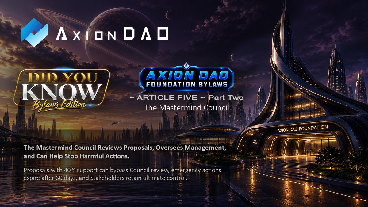 axion_network's tweet photo. Did You Know⁉️

The Mastermind Council reviews proposals, oversees Management, and can help stop harmful actions. 

Proposals with 40% support can bypass Council review; emergency actions expire after 60 days; and Stakeholders retain ultimate control.

https://t.co/ZMRezjsRDe https://t.co/EuCAMn27It