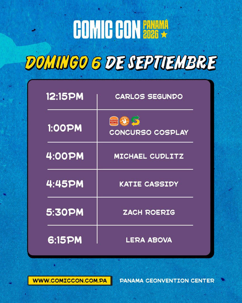 ComicConPanama's tweet photo. Conoce los horarios de las actividades en tarima 🤩

⏰ HORARIOS GENERALES DEL EVENTO ⏰

👉 Sabado 5: De 1:00 PM a 6:15 PM

👉 Domingo 6: De 12:15 A.M. a 6:15 P.M.

¿Aún no tienes entrada? Compra tus entradas en panatickets. https://t.co/TE7BajIfEC