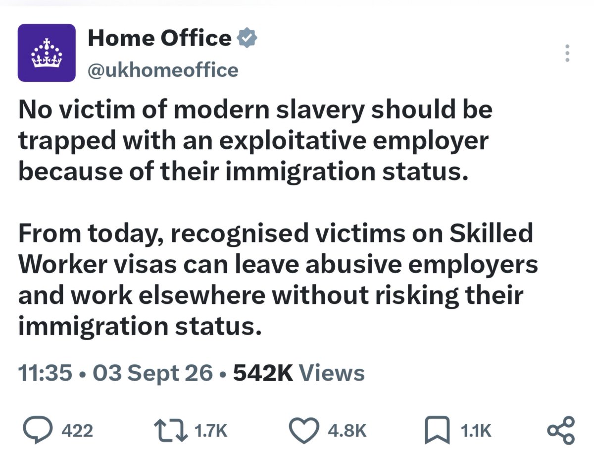 El_suphino1's tweet photo. 🇬🇧 UK Visa Rule Change: Recognized victims of modern slavery on Skilled Worker visas can now leave abusive employers and work elsewhere without losing their status.
Other Skilled Workers can still change jobs anytime, but must get a new licensed sponsor, CoS visa approval first. https://t.co/0pxqFrTvJu