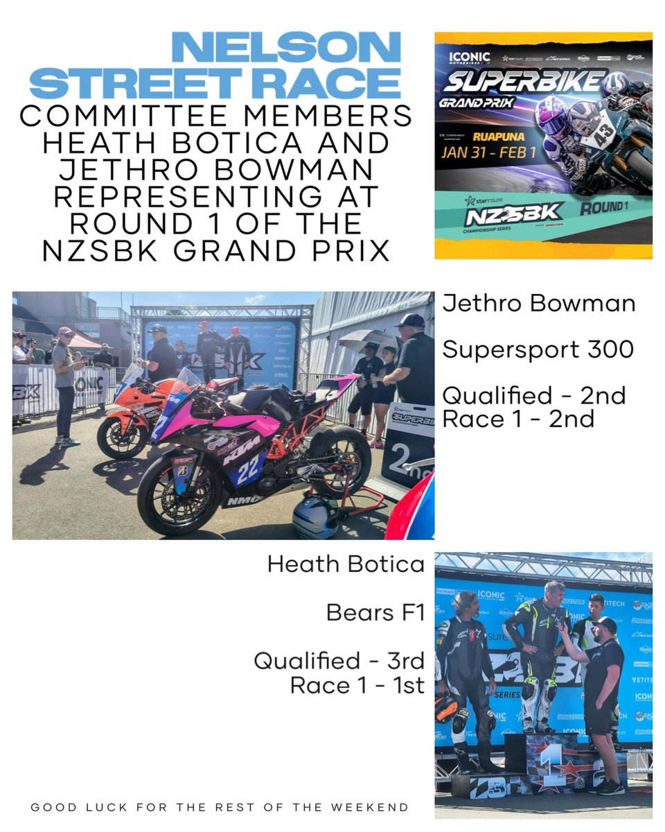 MackMongesb1b's tweet photo. If you’re in Canterbury this weekend, head to Ruapuna for Round 1 of NZSBK. Top riders from across New Zealand, including our committee members Heath Botica and Jethro Bowman, are fighting at the front today! https://t.co/nQgpT5a2kz