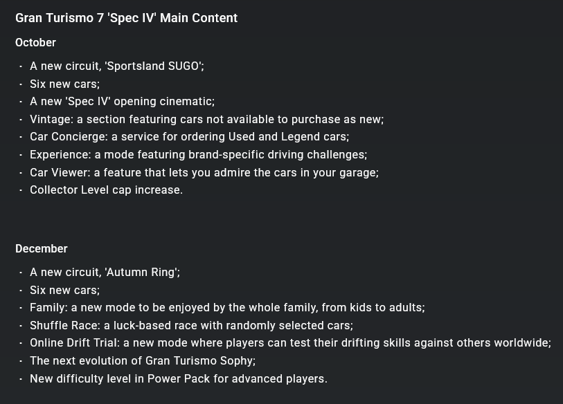 ShareGamePlay's tweet photo. Gran Turismo 7 'Spec IV' Main Content

Here you can see what's coming in October and December

#GT7 #Spec4 https://t.co/TFMYoAZU22