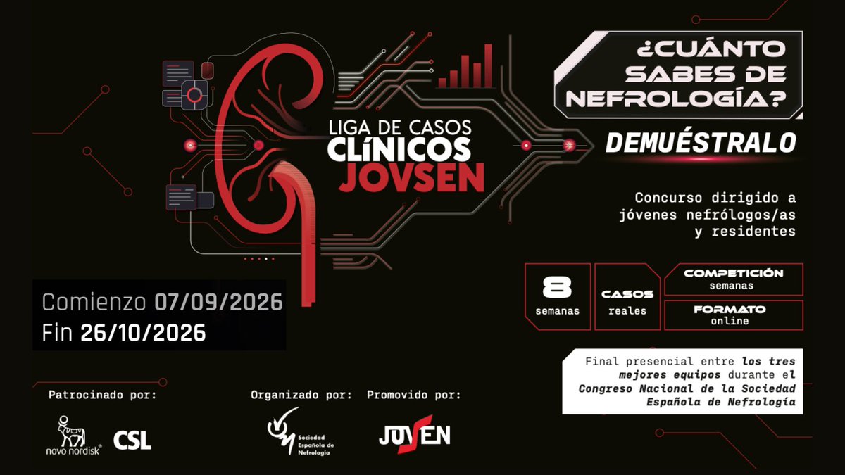 SENefrologia's tweet photo. 🔴 Liga de Casos Clínicos #JovSEN | ¿Cuánto sabes de nefrología?👇 
🩺 Un reto para poner a prueba tus conocimientos y tu criterio clínico
 📅 ¡Comenzamos el lunes, 7 de septiembre! 
👉 Forma tu equipo e inscríbete: 
🔗 https://t.co/b4CZ2VSknC
🥇 Los 3 mejores equipos pasan a la final presencial en el Congreso #Senefro26, Murcia 

Con el patrocinio de @NovoNordiskES y @CSLVifor
