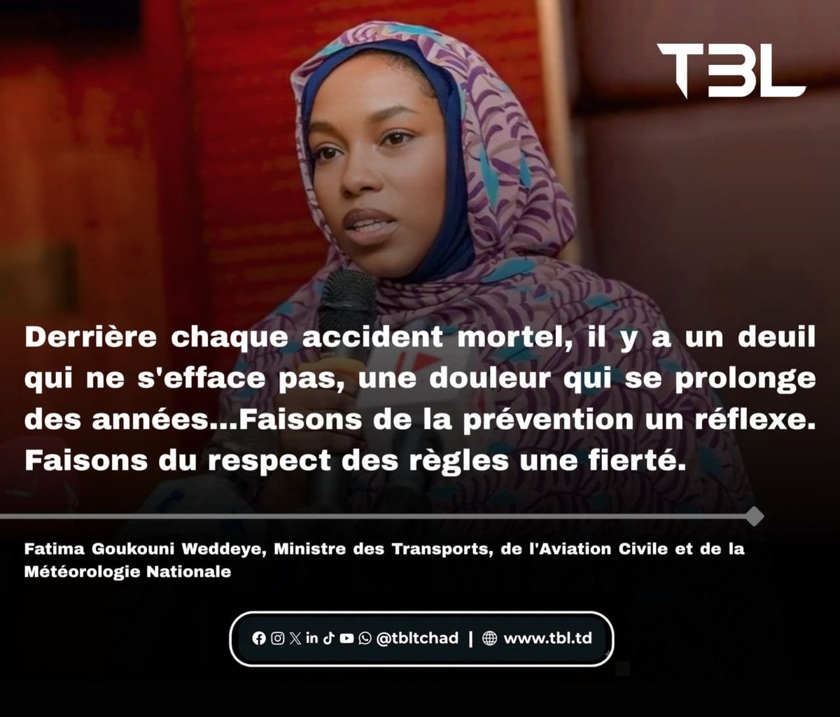 tbl_tchad's tweet photo. Lors du lancement des activités de la Brigade active de l’Office National de la Sécurité Routière (#ONASER), la ministre des Transports, de l’Aviation civile et de la Météorologie, Fatima Goukouni Weddeye, a tenu à rappeler le coût humain dramatique de l'incivisme au volant.⤵️ https://t.co/2Dr4bLp8vO