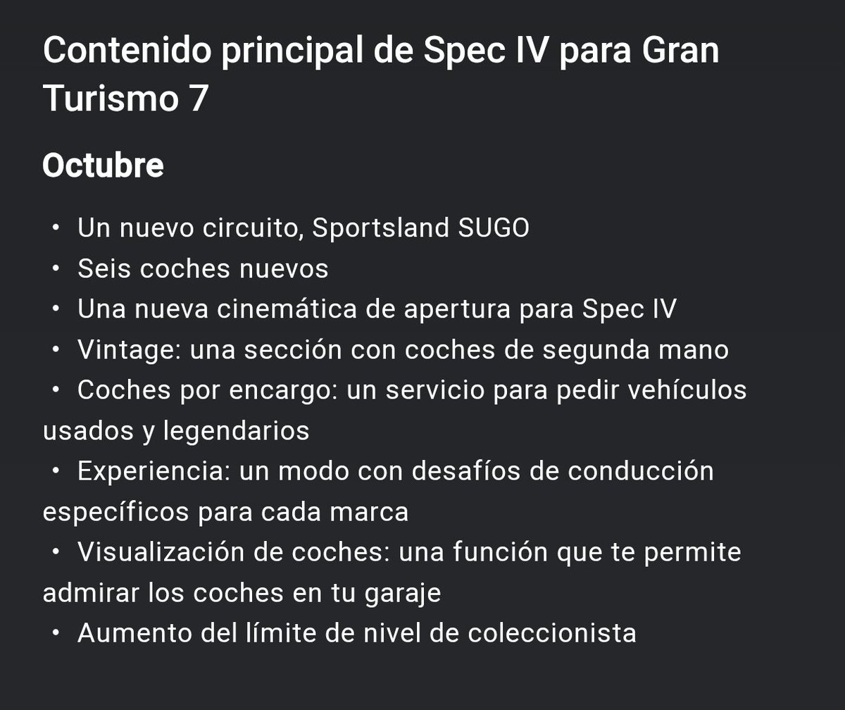 ChalsGT's tweet photo. ℹ️ Contenido separado de la #SpecIV de 🚘 #GT7 para los meses de Octubre y Diciembre junto a los 6️⃣ primeros coches nuevos que llegarán. https://t.co/b6XfejZSyv