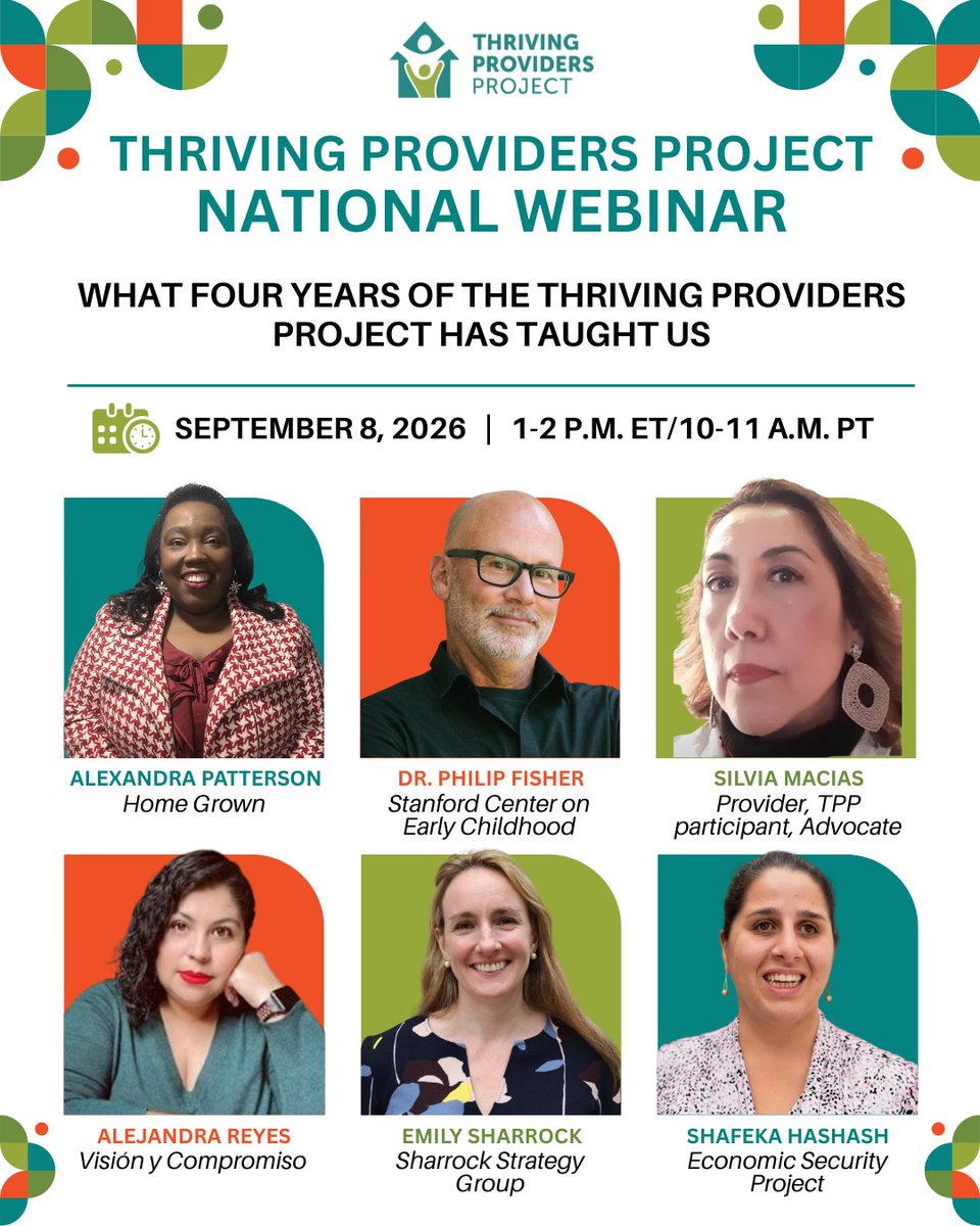 HomeGrownOrg's tweet photo. Over the past four years, Home Grown's Thriving Providers Project (TPP) has delivered direct payments to 350 home-based child care providers through eight pilot sites.

Join us on Tuesday, September 8th for a conversation with researchers, providers, and policy leaders closest to this work.

The live event will cover:
🔸 The cross-site report: Key findings from a new report bringing together data and implementation insights from four pilot sites
🔸 The provider experience: A firsthand perspective on how this project impacts providers' lives and care work
🔸 Policy breakthroughs: How findings are already reshaping policy in pilot communities
🔸 The work ahead: What it will take to sustain this momentum for child care providers

Register here: https://t.co/jFBU4ARhtX
