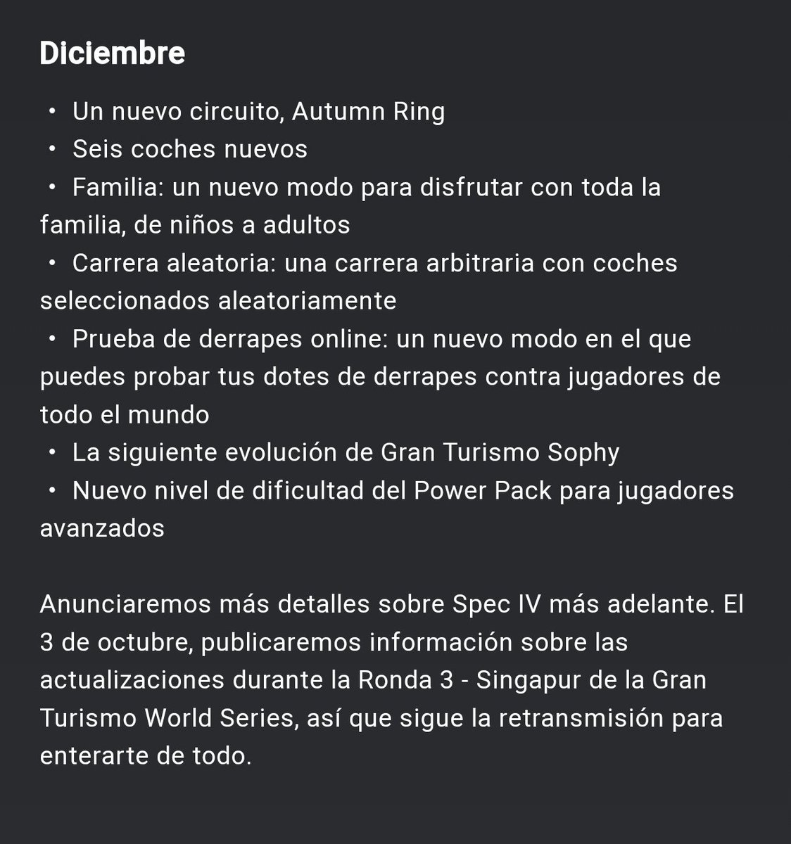 ChalsGT's tweet photo. ℹ️ Contenido separado de la #SpecIV de 🚘 #GT7 para los meses de Octubre y Diciembre junto a los 6️⃣ primeros coches nuevos que llegarán. https://t.co/b6XfejZSyv