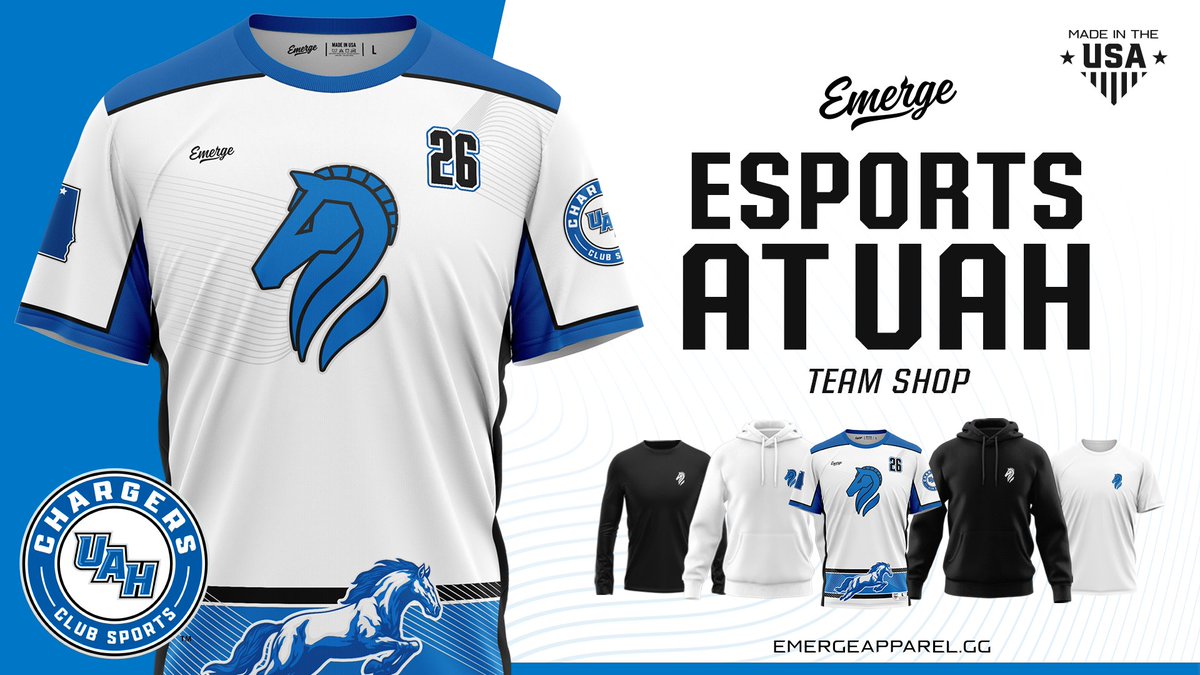Emerge_GG's tweet photo. 🚨 The University of Alabama in Huntsville Esports team shop is now live!

Rep @uahesports with new team gear from Emerge Apparel: https://t.co/q0EAH2Zwz9 https://t.co/OafhxNsEN4