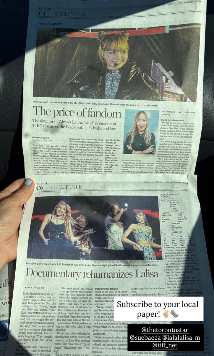 LaliceUpdates's tweet photo. Director Sue Kim discusses the effect K-pop fandom has on the singer via Toronto Star (Exclusive) 🗞️ 

“I finally get to live my life,” Lisa says in the doc. Blackpink fans, or Blinks, know that Lisa auditioned for South Korea’s YG Entertainment as a young teen in Thailand before moving to there to spend years in the K-pop trainee system, an intensely competitive kind of performance boot camp. “I didn’t dare speak up or express my thoughts,” she says in the film, “and I had been living like that since I was 14.”

Kim brings this into the doc by showing real online comments directed at Lisa that contain words like “talentless,” “gold digger,” “disgusting” and “Thai dog.”

“It’s as if they search for the words that will cut my soul the deepest,” Lisa says in the film. “I’m a human being who works hard for what I love. Why is it not enough for them?”

https://t.co/oTjVD9NlD5 

@wearelloud #LISA
#AlwaysLalisa