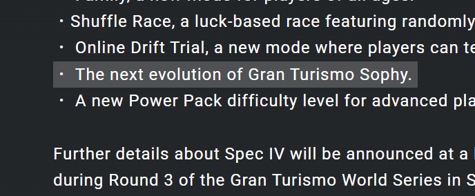 Mello_What's tweet photo. THIS!! ..is what i'm looking forward also.

Will Sophy be able to drive in the rain in custom races?
More Sophy compatible tracks available? (most likely)
Something else? We'll see.

#GT7 #GranTurismo #グランツーリスモ7 #SpecIV #Update https://t.co/A4o1LTmoOm