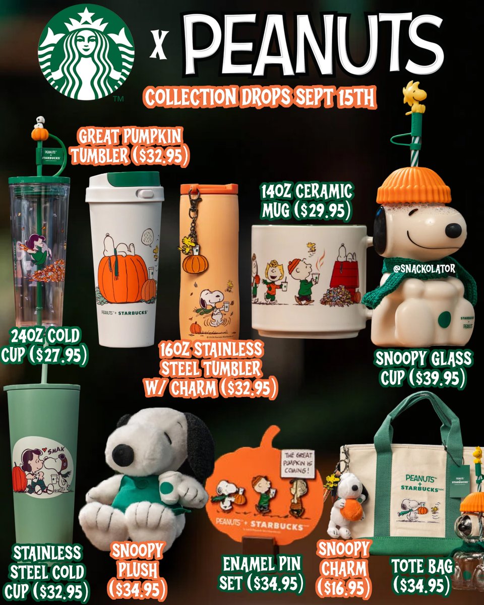 snackolator's tweet photo. I NEEEEED that Snoopy Glass Cup! Starbucks and Peanuts are teaming up for 100% cuteness overload with a Snoopy Glass Cold Cup that could not be any cuter if they tried!

The full lineup drops September 15th in stores nationwide and will feature the entire gang with Charlie Brown, Snoopy, Lucy, Woodstock, Linus, and Sally, and Peppermint Patty! I included prices on each one to help you plan ahead!

Snoopy Glass Cold Cup features a Woodstock straw topper, pumpkin-colored hat and a seasonal green scarf ($39.95). (2 per customer)

Lucy and Snoopy Green Stainless Steel Cold Cup ($32.95).

Great Pumpkin Tumbler features Snoopy and Woodstock ($32.95).

24-ounce Cold Cup features Snoopy, The Great Pumpkin and the Peanuts Group ($27.95).

14-ounce Ceramic Mug showcases the Peanuts gang and reveals a surprise Snoopy with every sip ($29.95).

Snoopy and Woodstock 16-ounce Orange Stainless Steel Tumbler is adorned with a Woodstock™ charm ($32.95).

You can also get a Snoopy Plush ($34.95), Tote Bag ($29.95), Snoopy Bag Charm ($16.95), and Enamel Pin Set ($14.95).

What are you thinking about from the new Starbucks x Peanuts collab?

#starbucks #peanuts #starbuckscups #snoopy #starbucksdrinks