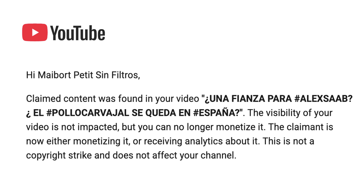 maibortpetit's tweet photo. ALERTA para @YouTube, @TeamYouTube y @Meta: continúa la estrategia para silenciar al periodismo de investigación mediante reclamos falsos y denuncias fraudulentas de copyright.

Desde anoche hemos recibido dos reclamos contra videos publicados en 2021. Ya nos retiraron un video de #SinFiltrosGeopolítica porque el contenido simplemente no le conviene a determinados intereses o no les gustó lo que estábamos informando.

Las plataformas no pueden seguir aceptando acusaciones de terceros sin exigir pruebas claras sobre la titularidad de los contenidos. Esa vulnerabilidad está siendo aprovechada por delincuentes y empresas de “limpieza reputacional” para censurar investigaciones, intimidar periodistas y cerrar cuentas.

Es inadmisible que quienes pretenden ocultar información tengan más derechos que los periodistas que investigan, producen y publican contenido original. Exigimos una revisión humana, transparente e inmediata de estos reclamos y medidas contra quienes abusan deliberadamente del sistema.