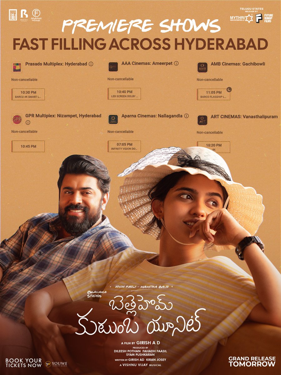 MediaYouwe's tweet photo. A BLOCKBUSTER START FOR #BKUTelugu! ❤️‍🔥🔥
Today’s All Premiere Shows Fast-Filling Across Hyderabad! 🤩

Book Your Tickets Now 
🎟️ https://t.co/zg4fIBmwzs

#BethlehemKudumbaUnit Grand Release Tomorrow across Telugu States by @MythriRelease ✨

@NivinOfficial @_mamithabaiju @BhavanaStudios @FutureRunup @MediaYouwe