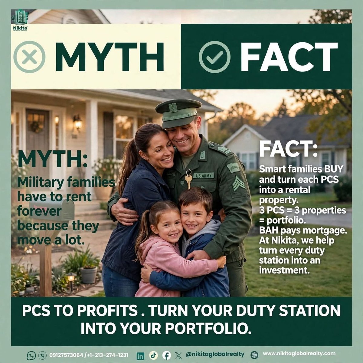 nikitarealty's tweet photo. Military families don't have to rent forever. 🎖️🏡

3 PCS = 3 properties = a portfolio. BAH pays the mortgage. Turn every duty station into an investment. PCS to Profits. 💰
📞 09127573064 | +1-213-274-1231

#PCSToProfits #MilitaryFamilies #NikitaGlobalRealty #MythVsFact https://t.co/Iup5E6gBQF