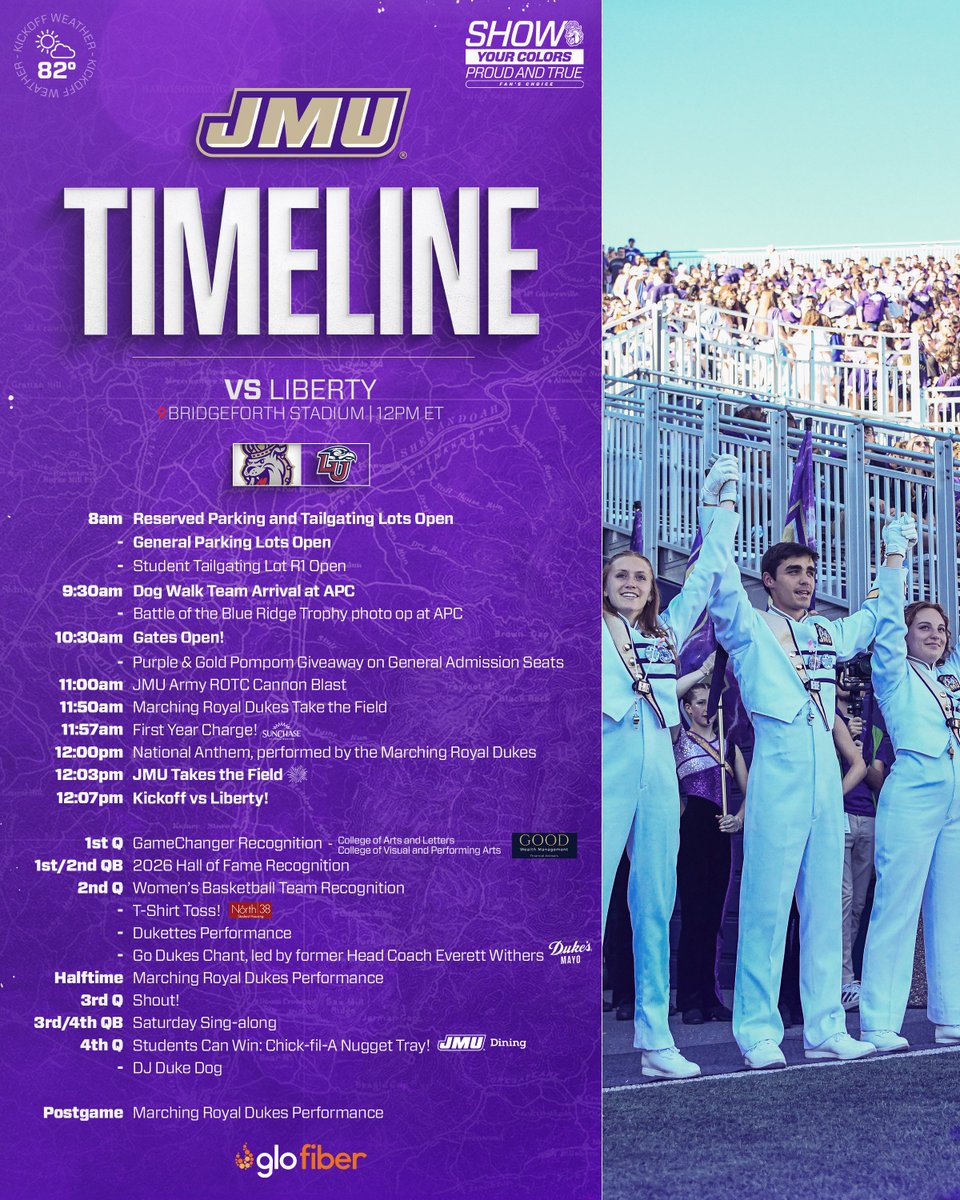 JMUFootball's tweet photo. A beautiful Saturday awaits The Valley... 💜

Check out the game day timeline for the Battle of the Blue Ridge!

#GoDukes https://t.co/DZanLAffxC
