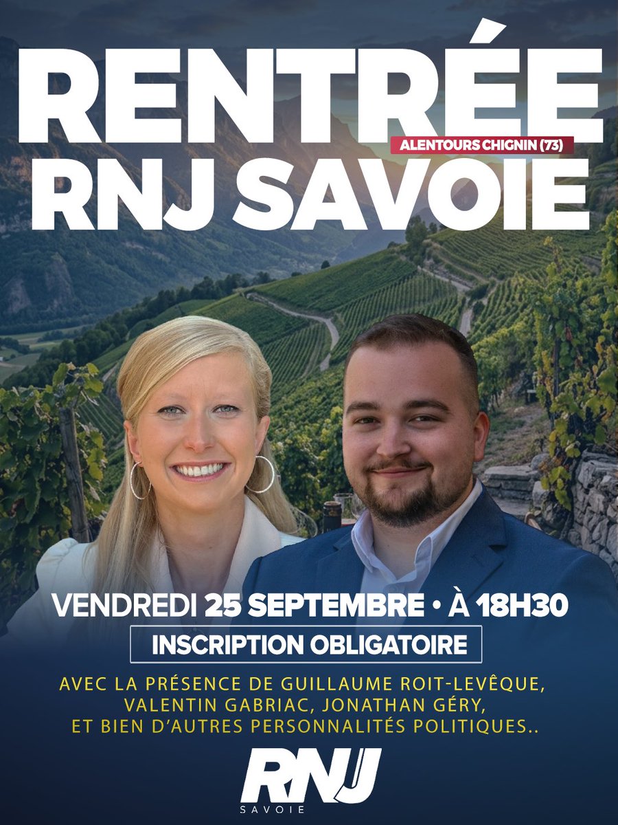 RNJ_Savoie's tweet photo. 🇫🇷 APÉRO DE RENTRÉE DU RNJ SAVOIE 🇫🇷

📅 Vendredi 25 septembre à 18h30, aux alentours de Chignin !

🥂 Verre de l’amitié &amp; planches de charcuterie avec nos invités et personnalités !

⚠️ Inscription obligatoire 👇
https://t.co/5JckvjG7lF https://t.co/Ja7pPqxPQZ