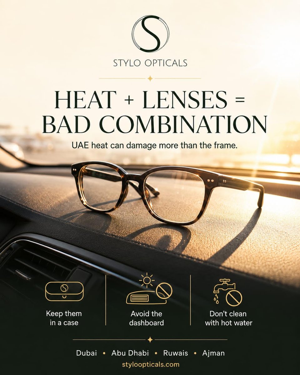 styloopticalss's tweet photo. Leaving your glasses on the dashboard? UAE cars hit 60-70°C in summer, enough to warp frames and damage lens coatings.

Case them, don't dash them, and never clean with hot water.

Dubai • Abu Dhabi • Ruwais • Ajman
https://t.co/t9MlosuBIQ
#EyewearCare #DubaiHeat https://t.co/ghwjOKGC7o