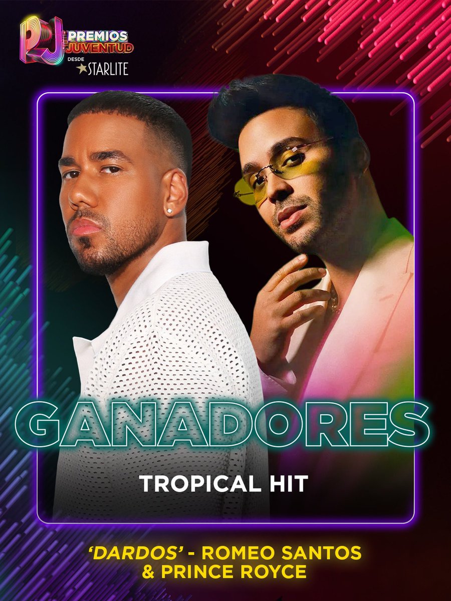 SonyMusicRD's tweet photo. ¡Felicidades‼️👏😎
El #PremiosJuventud a “Tropical Hit” es para @RomeoSantosPage y @PrinceRoyce ✨ @PremiosJuventud https://t.co/baUQ8rKYNa