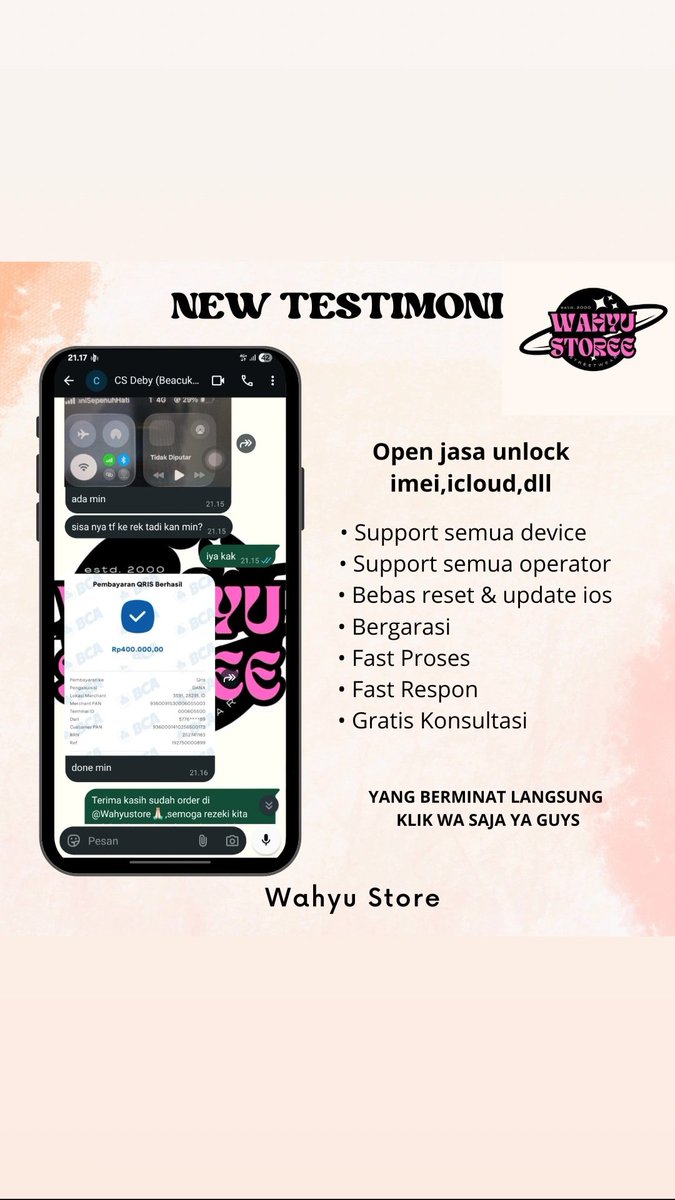 geaxser's tweet photo. https://t.co/Einn4wg4Hk
Ready jasa unblock imei, bypass,simlock✅🛜
Type phone (IP &amp; AD) 

•Tri Only 150k☑️
•3 Bulan 200k☑️
•Beacukai (INBOX)

-Pengerjaan fast✅
-Bergaransi✅
-Amanah✅
-All operator✅

Ayok guys langsung aja order jasa unblock imei sekarang 👆 https://t.co/uYMnLNiLIe