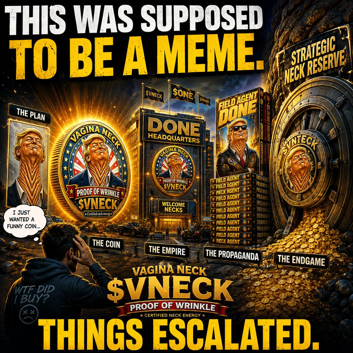 VNeckCoin's tweet photo. This was supposed to be a meme.

One ridiculous neck.

That was it.

Then somebody gave it a ticker.

Then somebody created a Department.

Then somebody made a comic book.

Now there is a Strategic Neck Reserve.

$VNECK has experienced severe mission creep. 😂 https://t.co/RcOL6mQxjr
