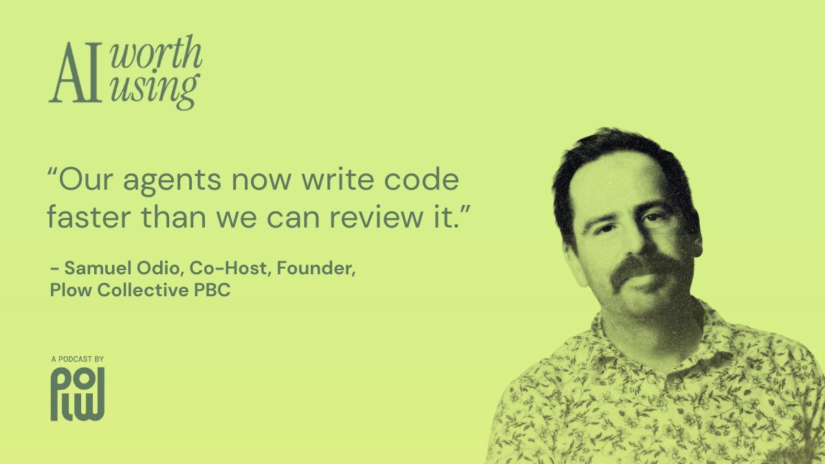 aiworthusing's tweet photo. The bottleneck isn't writing code anymore. It’s checking it.

@sodio of Plow Collective PBC, looks at the problem most engineering teams are quietly living with: output has outpaced oversight.

See how people are actually working with AI at https://t.co/ph0WOhc2jf https://t.co/T7Po2DIcu9