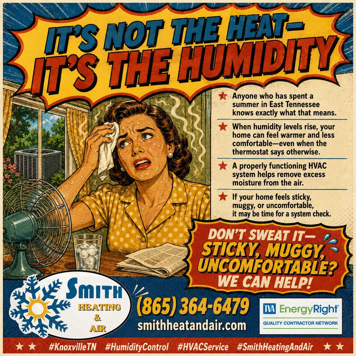 smithhvacknox's tweet photo. When humidity levels rise, your home can feel warmer and less comfortable—even when the thermostat says otherwise.  A properly functioning HVAC system helps remove excess moisture from the air.  If your home feels sticky, muggy, or uncomfortable, it may be time for a system check https://t.co/h5KR43j7HG