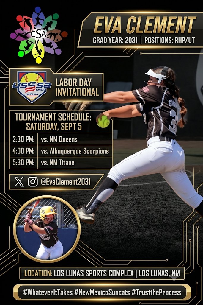 EvaClement2031's tweet photo. 🥎🔥 Excited to hit the dirt this weekend for the local USSSA Labor Day Invitational in Los Lunas from Saturday, Sept 5 to Monday, Sept 7. Let’s get it! 💪💯 @EvaClement2031 @NMSuncats @athletesCSA @collegiate_sports_athlete @nm18usuncats #NMSuncats #WhatItTakes #TrustTheProcess https://t.co/hVLz6lq7N2
