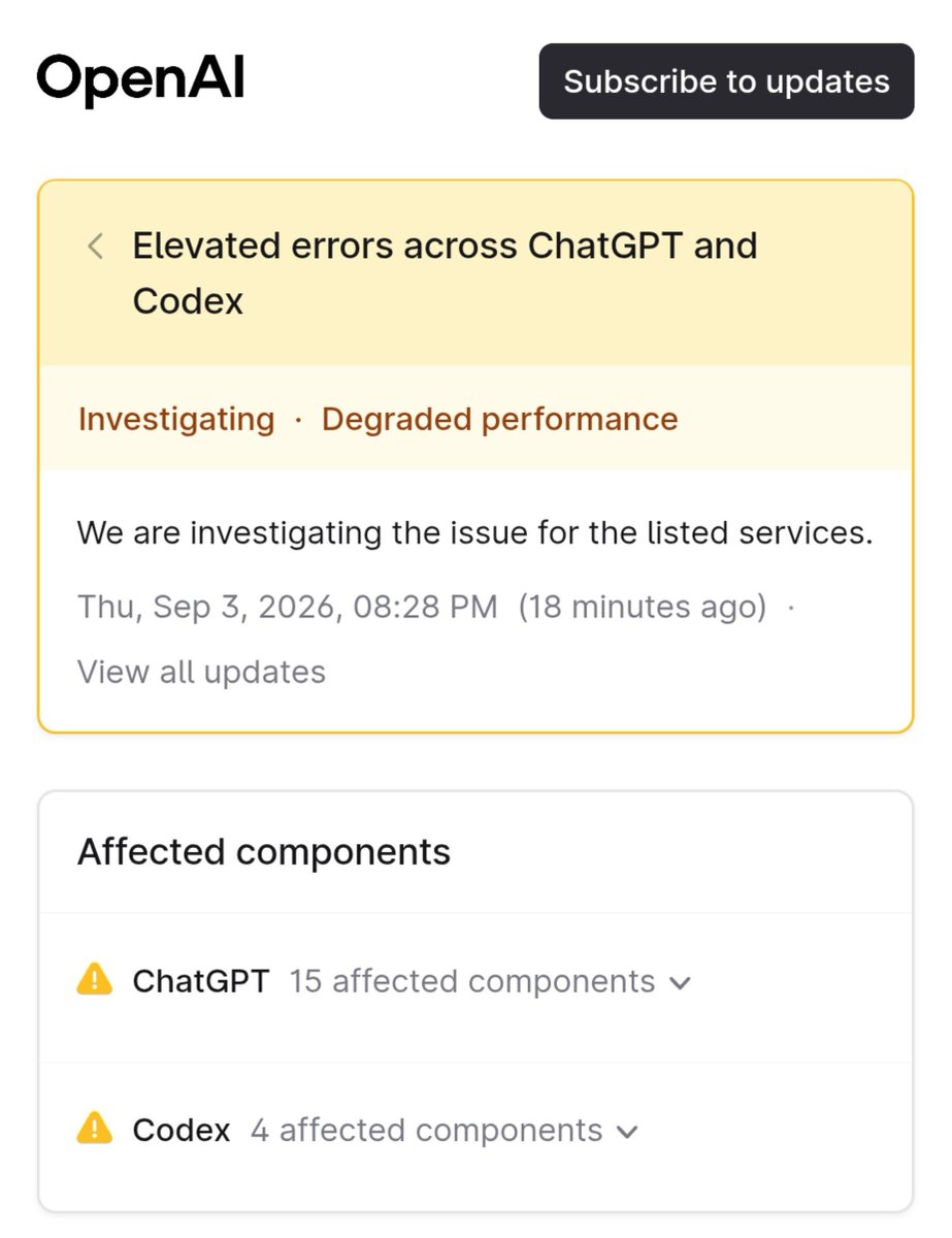 Paris2_9's tweet photo. So ChatGPT and Codex are down now, What do think? What's reason behind this? @OpenAI 

#chatgpt #ai #openai https://t.co/H3gdgDfcHG