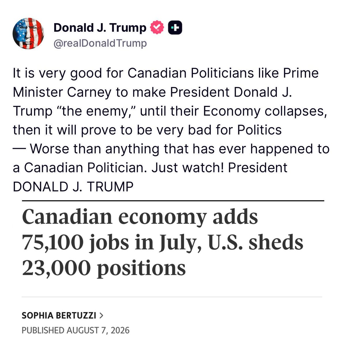 MeidasTouch's tweet photo. Trump’s post just now about Canada’s economy vs. the latest jobs numbers: https://t.co/5JWMmETm6h