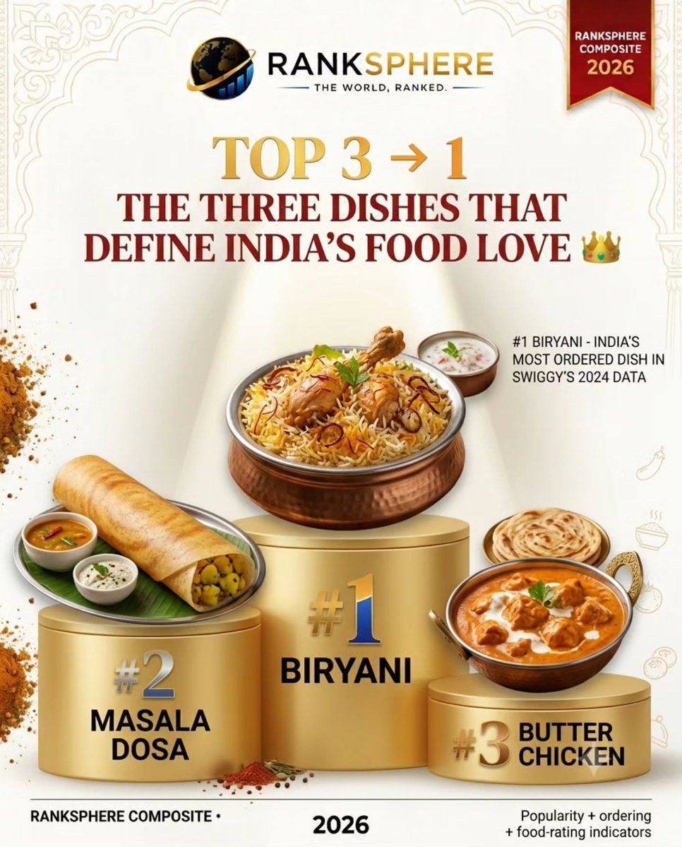 MarianLittev's tweet photo. India is full of legendary food! From iconic street eats to timeless favourites, these dishes define India’s taste. Which one is your favourite? Taste, love, culture, tradition. Follow @RankSphere for more global Top 10 rankings. https://t.co/IyOtl78EzT