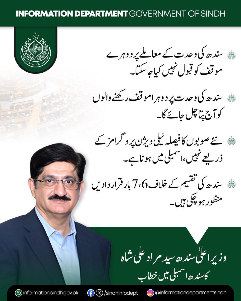 FaizullahK11272's tweet photo. سندھ کی تقسیم کے خلاف اسمبلی سے 6، 7 بار قراردادیں منظور ہو چکی ہیں، وزیراعلیٰ سندھ سید مراد علی شاہ کا واضح مؤقف۔
#SindhUnity #SindhAssembly https://t.co/QDB578soh6