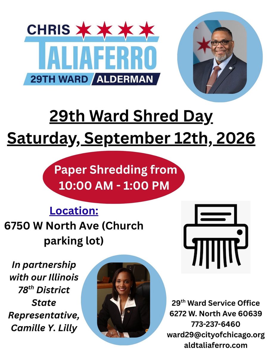 replilly78's tweet photo. Join us for 29th Ward Shred Day! 🗂️
I am proud to partner with Alderman Chris Taliaferro to help residents safely dispose of unwanted documents.

We hope to see you there! ❤️ https://t.co/FNKzXKXTfV