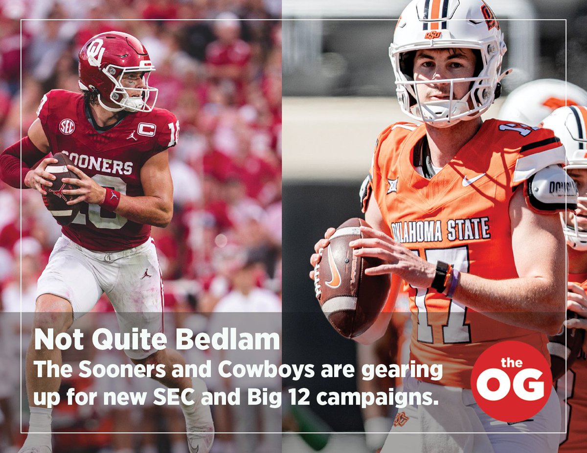 okgazette's tweet photo. 🏈 College football is back in Oklahoma.
OU heads into another SEC season while OSU looks for a fresh start under new head coach Eric Morris. We break down the players, matchups and storylines to watch for the Sooners and Cowboys this fall.

Read Not Quite Bedlam at https://t.co/f00Hz7rqg9