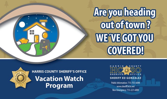 HCSOTexas's tweet photo. ✈️ Heading out for Labor Day? We've got your home covered. Sign up for HCSO Vacation Watch and let our deputies keep an eye on things while you're gone. https://t.co/rPNcAwQKRR. https://t.co/XFZv6EBwbX