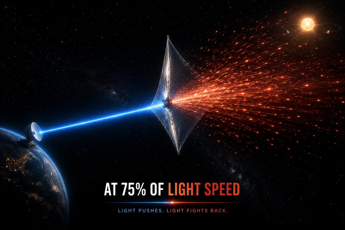 CosmiclabSpace's tweet photo. Solar sails pushed by lasers could reach 75% of the speed of light.

Then physics turns against them.

Solar sails pushed by powerful lasers could reach incredible speeds, but relativity may eventually make the light itself work against them. At around 75% of the speed of light, scattered photons can begin creating drag, adding a surprising obstacle that nobody had fully calculated before. ScienceDaily

#LaserSail #BreakthroughStarshot #CosmicLab #SpaceFacts #MindBlown
