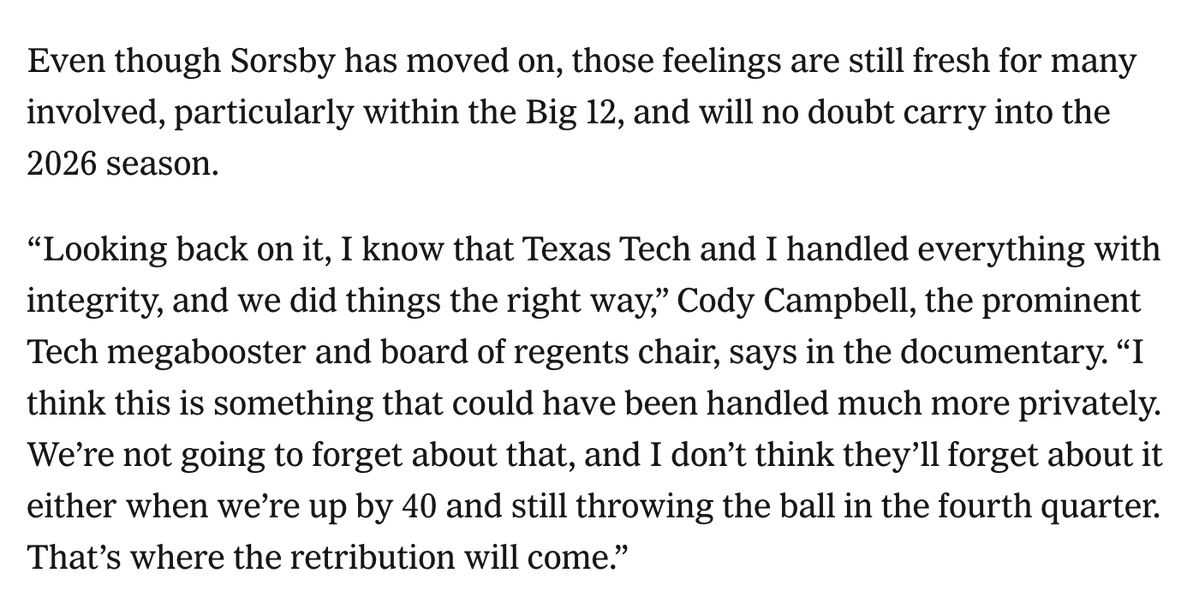 ChrisVannini's tweet photo. Cody Campbell in the new Texas Tech doc:

"We’re not going to forget about that, and I don’t think they’ll forget about it either when we’re up by 40 and still throwing the ball in the fourth quarter. That’s where the retribution will come.”

https://t.co/ITXlzCGkgo https://t.co/UhfsqkK4Kg
