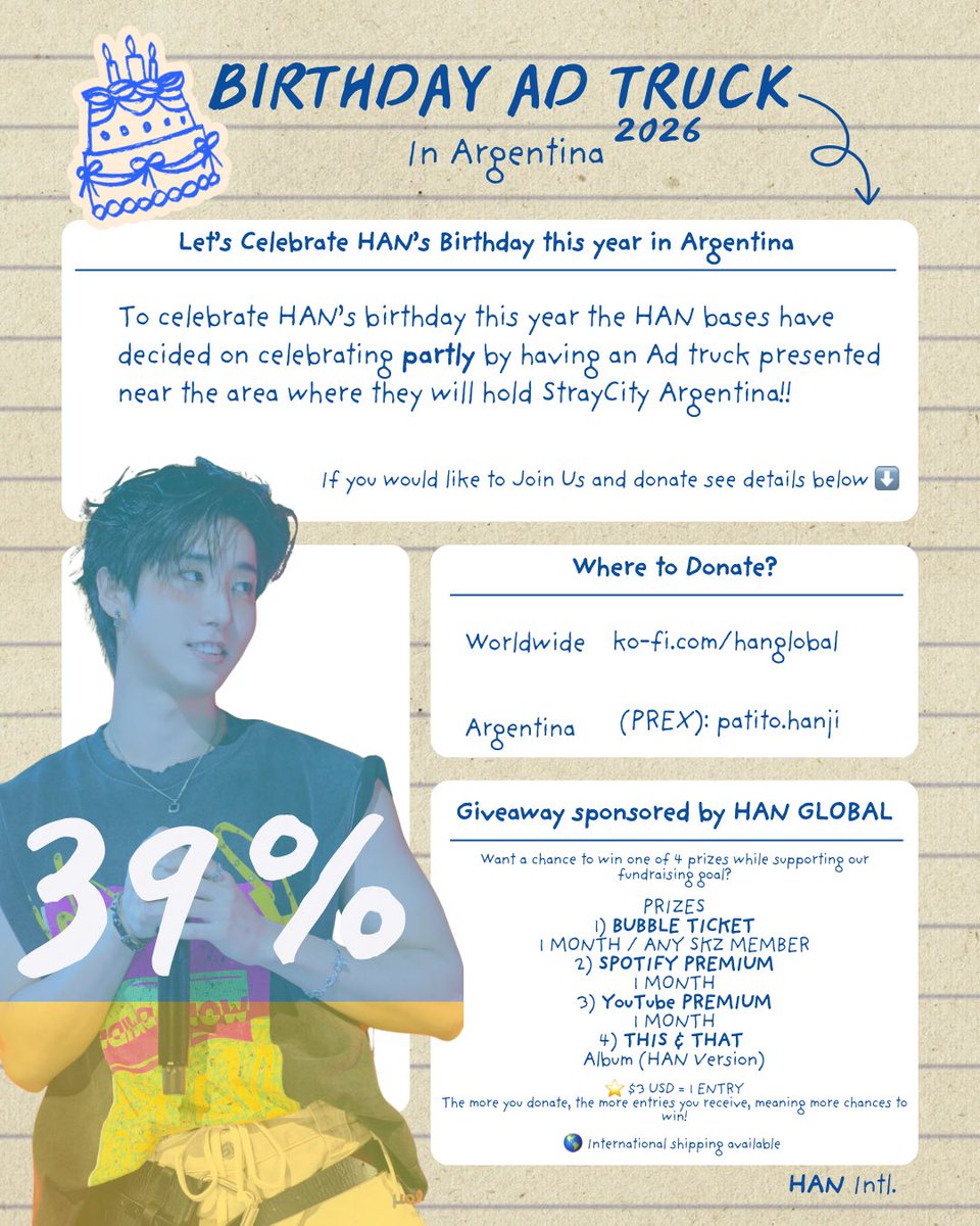 HAN_INTL's tweet photo. [🎂🐿️] 𝐁𝐢𝐫𝐭𝐡𝐝𝐚𝐲 𝐀𝐝 𝐒𝐮𝐩𝐩𝐨𝐫𝐭 𝟐𝟎𝟐𝟔

To celebrate HAN’s birthday this year the HAN bases have decided on celebrating partly by having an Ad Truck presented near the area where they will hold StrayCity Argentina!!

𝙒𝙝𝙚𝙧𝙚 𝙩𝙤 𝘿𝙤𝙣𝙖𝙩𝙚?

WORLDWIDE - KO-FI
💳 You can use debit/credit card, Google Pay and Apple Pay 
🔗https://t.co/TS7tcoCDDC

LOCAL (ARGENTINA) - PREX
👤 ALIAS: patito.hanji

🎁Giveaway by @HANglobal_ 
🔗 https://t.co/mlcldUInbg

#HAN  #한   #ハン  #한지성