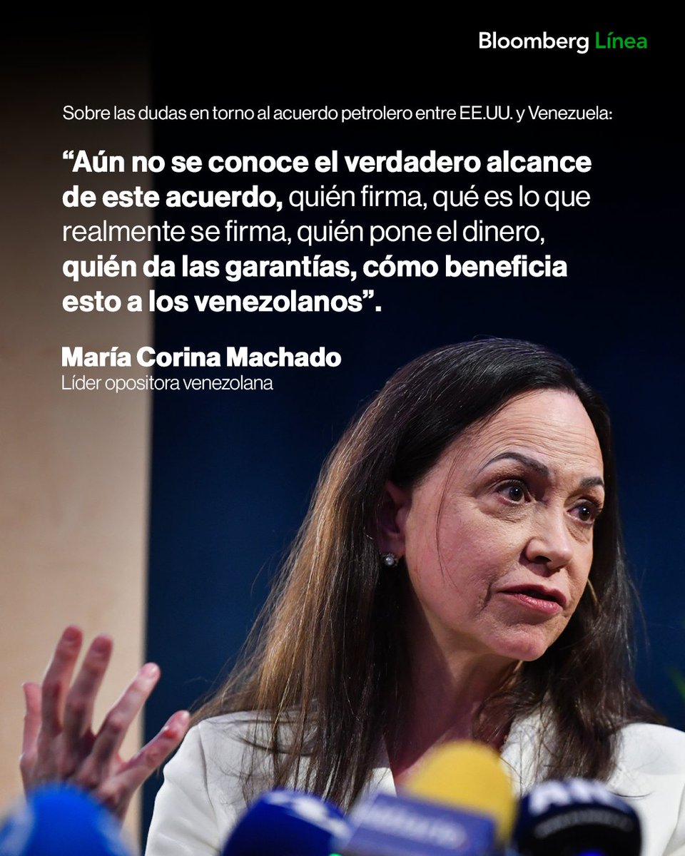 BloombergLinea_'s tweet photo. Para María Corina Machado, el acuerdo petrolero tiene más preguntas que respuestas. 

La líder opositora cuestionó el alcance y la falta de información sobre el pacto anunciado entre EE.UU. y el gobierno de Delcy Rodríguez.

Conoce más: https://t.co/ELO7MW0YkH

📷: Bloomberg https://t.co/buJdLg6tc0