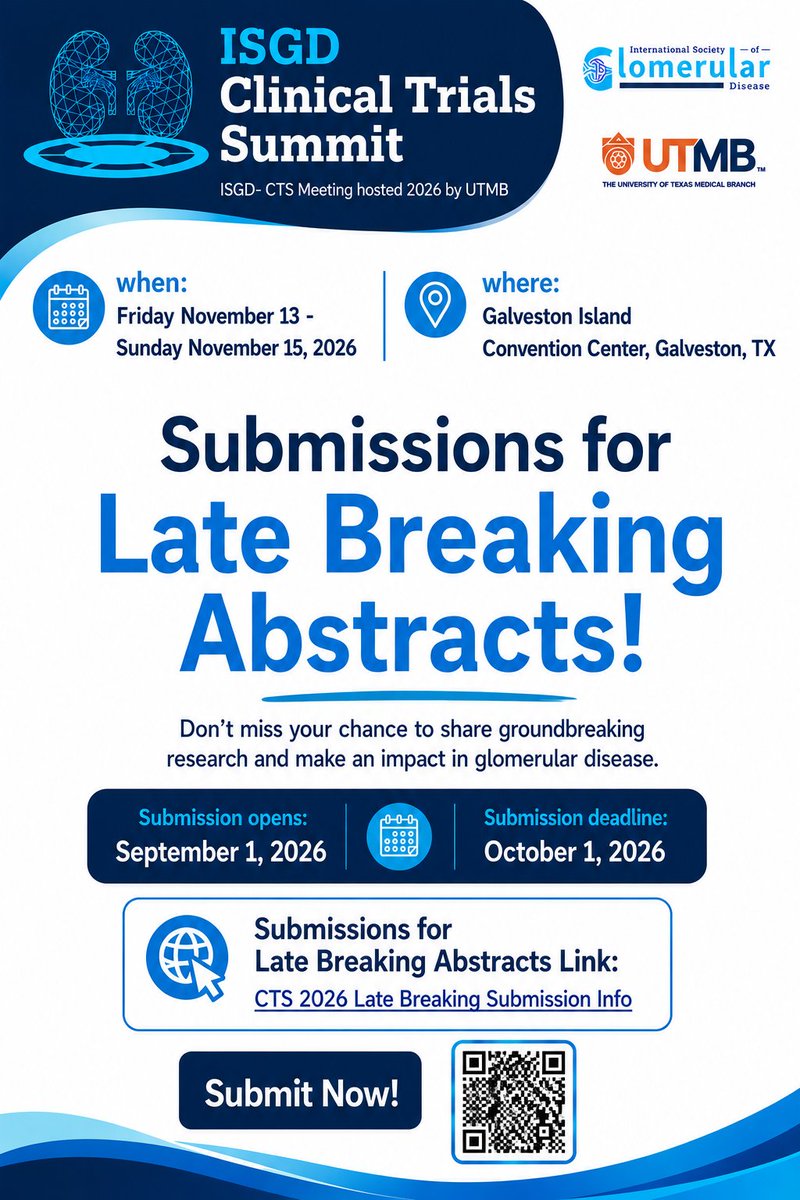 ISGD_la's tweet photo. 🌊 ¡Tu investigación pertenece en Galveston!

ISGD Clinical Trials Summit 2026: ¡envía tu Late Breaking Abstract!

📅 Abre: 1 sept.
⏰ Cierra: 1 oct.
🔬 Comparte tu investigación con líderes en enfermedad glomerular.

👉 CTS 2026: Late Breaker Info https://t.co/brN1Cf4Uxb