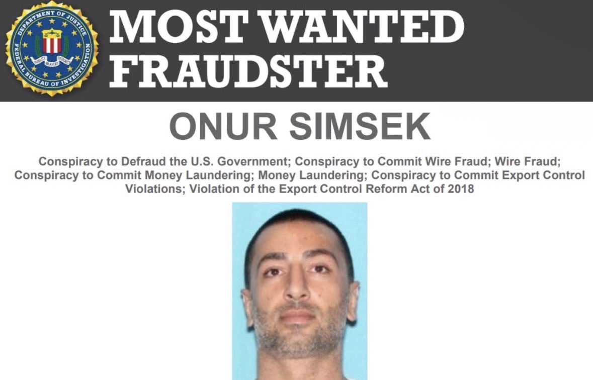 HaberReport's tweet photo. FBI, Türk vatandaşı Onur Şimşek'in yakalanmasına yardımcı olacak bilgi için 150.000 dolara kadar ödül koydu.

Şimşek, Türkiye'de üretilen askeri parçaları ABD üretimi gibi göstererek Pentagon'a satmak ve hassas askeri teknik verileri yasa dışı şekilde Türkiye'ye aktarmakla suçlanıyor.