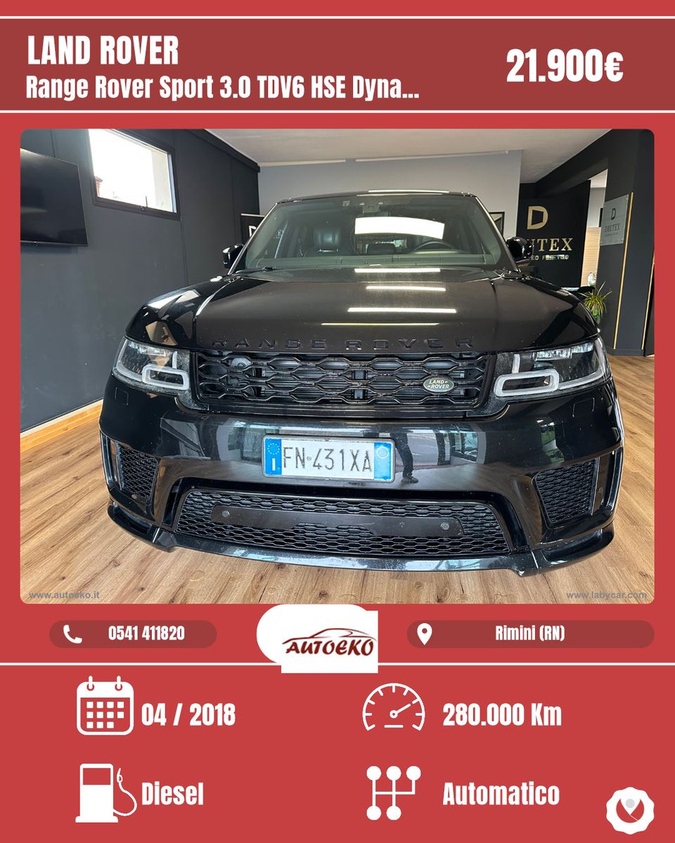 MitzieFluchia's tweet photo. LAND ROVER Range Rover Sport 3. 0 TDV6 HSE Dynamic. Autoeko srls. €21, 900. 04/2018. Automatic, 5 doors, 5 seats, diesel, 2, 993 cc, 183 kW (249 hp). Rimini (RN). https://t.co/a47XeUV2NM